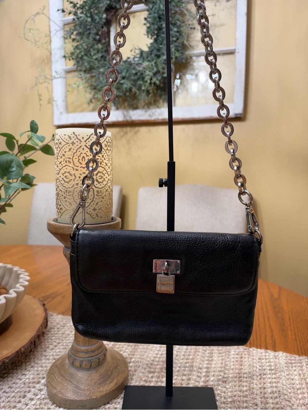 Calvin Klein Black Leather Crossbody with Chain Strap